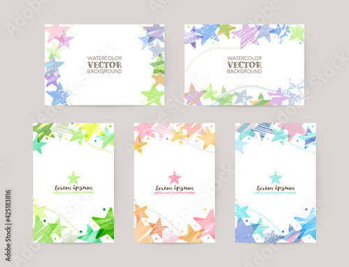 vector card design template with colorful stars, watercolor decoration