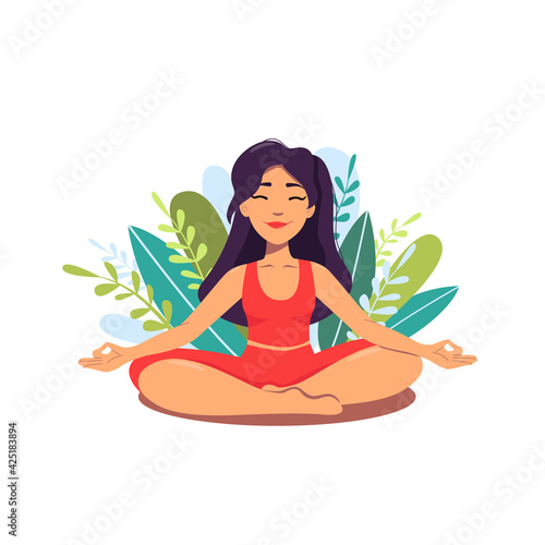 Woman meditating in the Lotus position and saying Om. Woman practising the guided meditation. Modern flat illustration on yoga topic. Woman practise meditation