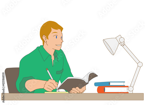 本で調べながら勉強する白人男性