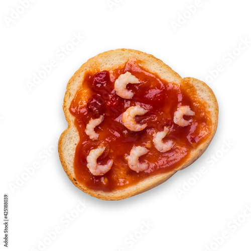 Open sandwich with shrimps in tomato sauce. Homemade sandwich with toaster isolated on white background, top view. Delicious shrimp sandwich close up