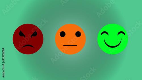 different facial expressions smiley faces on green background.
