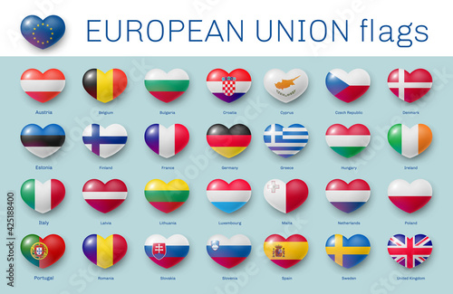 European Union membership country flag heart shape. Association of 28 countries national glossy heart shaped flags, Symbol of EU countries in patriotic colors realistic vector illustration