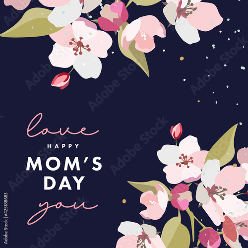 Mother's day greeting card with spring flowers in pastel colors and trendy typography on dark blue. Mothers day modern design for greeting banner, fashion ads, poster, sale, social media, promotion
