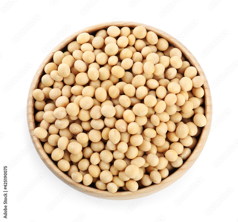 Soya beans in wooden bowl isolated on white, top view Soya beans in wooden bowl isolated on white, top view