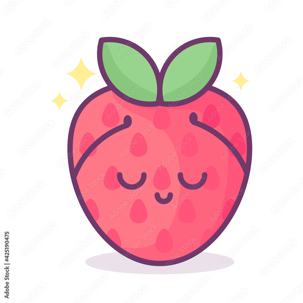 Kawaii strawberry with face, hearts and sparkles with text lettering Berry Cute. Funny fruit pun illustration, Kawaii strawberry with face, hearts and sparkles with text lettering Berry Cute. Funny fruit pun illustration,