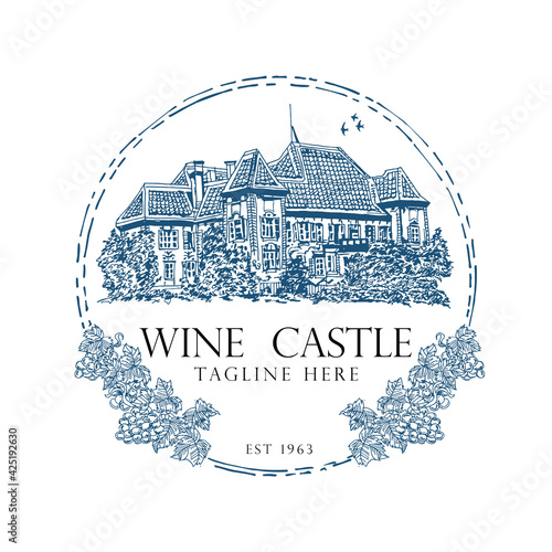 Big Castle logo vector illustration in hand drawn style, perfect for vacation villa house and brand product logo design