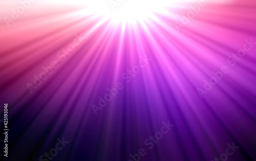 Bright beams on top purple background. Blurred rays pattern.