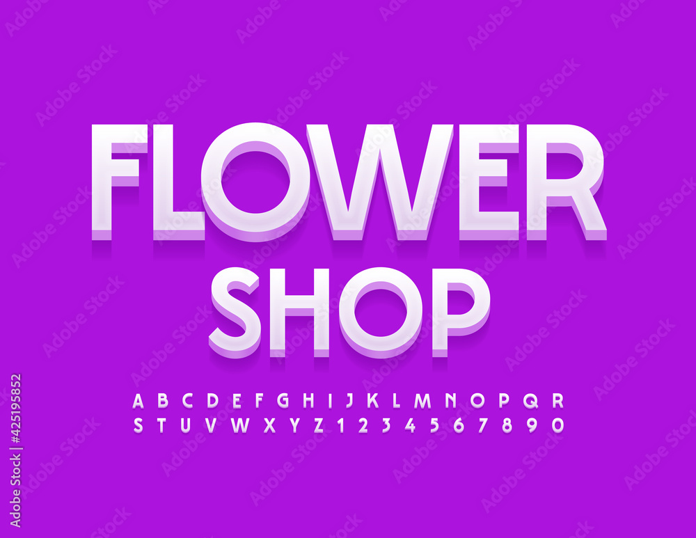 Vector Bright Sign Flower Shop. Stylish 3D Font. Elegant Alphabet Letters and Numbers set