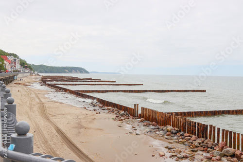 Breakwaters on the promenade beach of the city of Svetlogorsk  Russia.