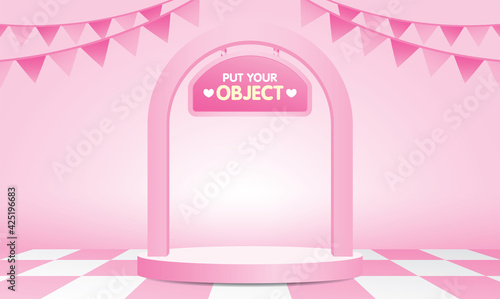 Empty circle product podium with arch and cute signage 3d illustration vector on pink checkered pattern floor and pastel pink backdrop for putting your object.