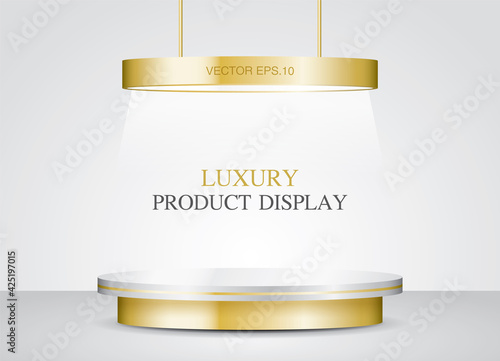 Empty luxury golden product podium with golden ceiling light 3d illustration vector for putting your object.