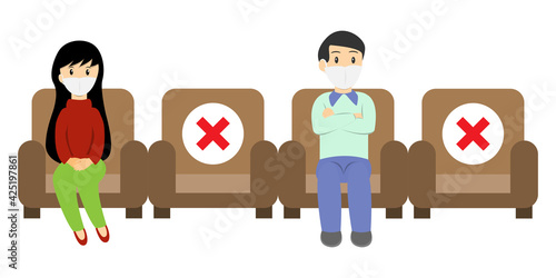 man and woman with mask sitting on public chair keeping the social distance prevent covid-19.