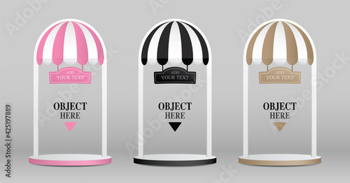 Empty arch product display with cute awning and vintage sign 3d illustration vector set for putting your object.