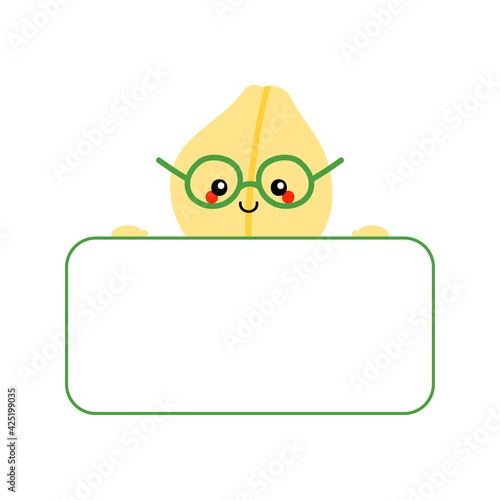 Cute smiling cartoon style chickpeas, chick pea seed character holding in hands blank card, banner.