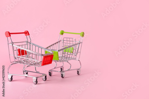 Shopping carts on color background