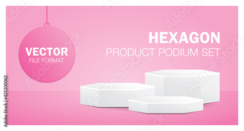 white hexagon product podium set 3d illustration vector on pastel pink background for putting your object.