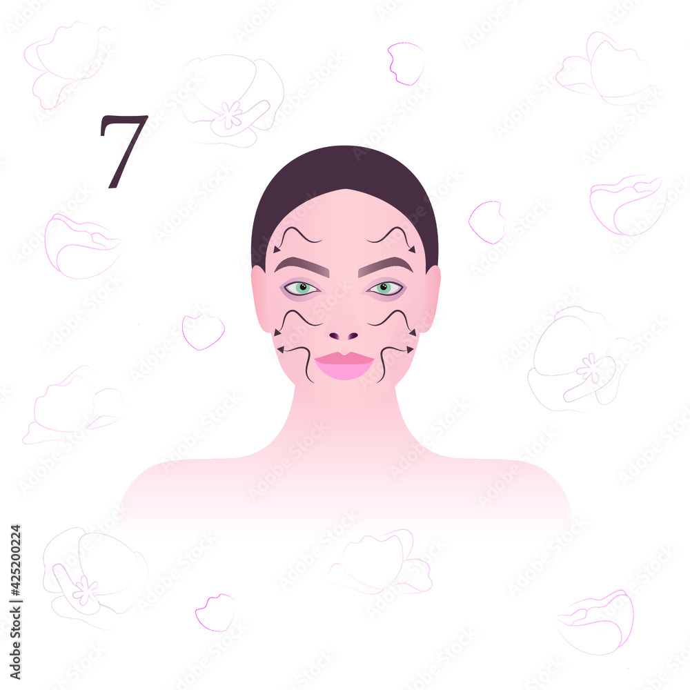 Face massage. Massage technique. Facial massage lines. Vector modern illustration. Seventh schematic of nine. Face massage. Massage technique. Facial massage lines. Vector modern illustration. Seventh schematic of nine.