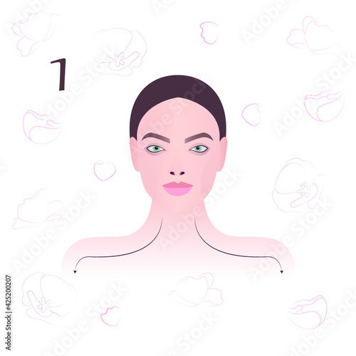 Face massage. Massage technique. Neck massage lines. Vector modern illustration. First schematic of nine. The beginning of the massage.