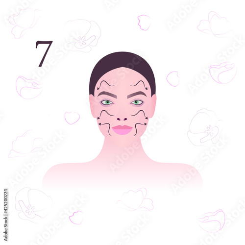 Face massage. Massage technique. Facial massage lines. Vector modern illustration. Seventh schematic of nine.