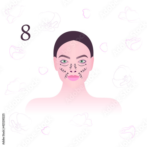 Facial massage. Massage technique. Facial massage lines. Vector modern illustration. Eighth schematic of nine.