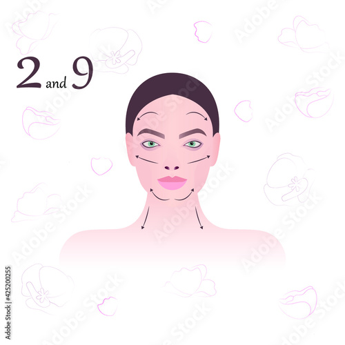 Face massage. Massage technique. Massage lines of the face and neck. Vector modern illustration. Second and ninth schematic of nine.