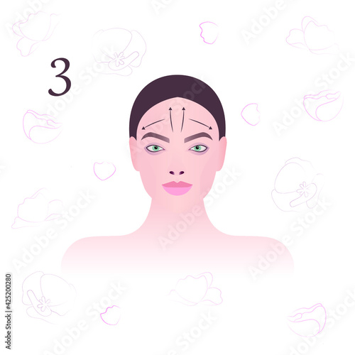 Face massage. Massage technique. Forehead massage lines. Vector modern illustration. Third schematic of nine.