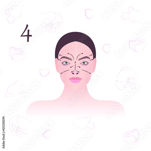Face massage. Massage technique. Facial massage lines. Vector modern illustration. Fourth schematic of nine.