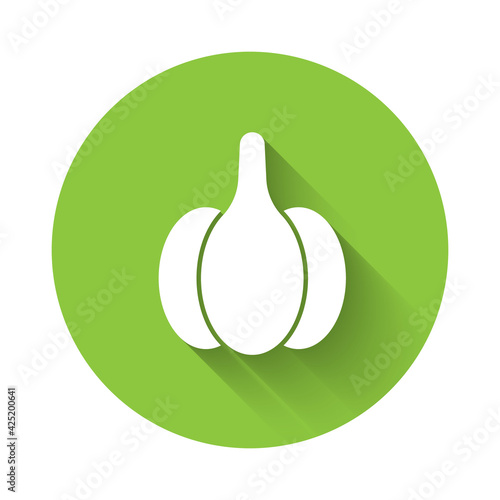 White Garlic icon isolated with long shadow. Green circle button. Vector