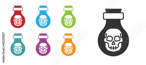Black Poison in bottle icon isolated on white background. Bottle of poison or poisonous chemical toxin. Set icons colorful. Vector