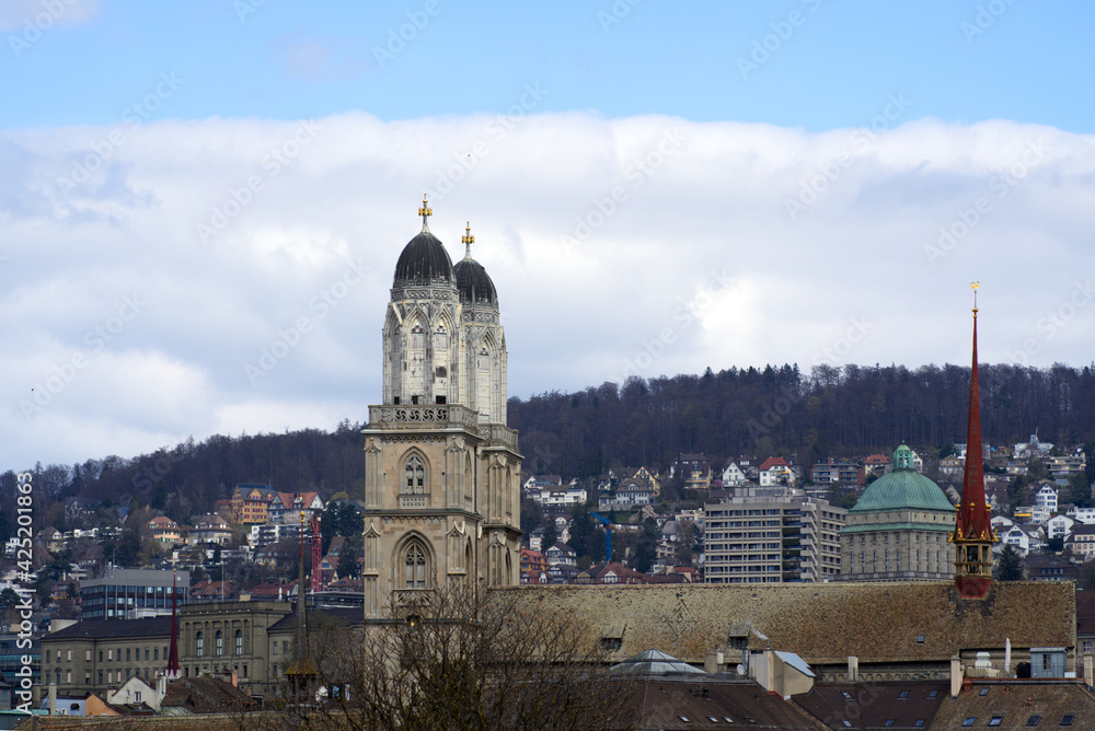 Church great minster (German Grossmünster) at the old town of Zurich. Photo taken April 3rd, 2021, Zurich, Switzerland.