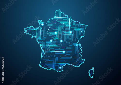 Abstract futuristic map of france.Circuit Board Design Electric of the region. Technology background. mash line and point scales on dark with map.