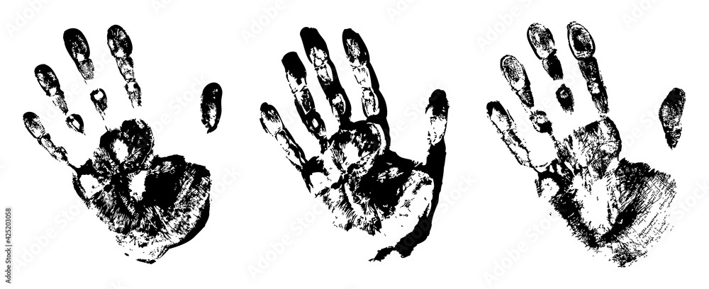 Hand print set. Print of a human hand. Palm imprint. Vector grunge illustration. Hand print set. Print of a human hand. Palm imprint. Vector grunge illustration.
