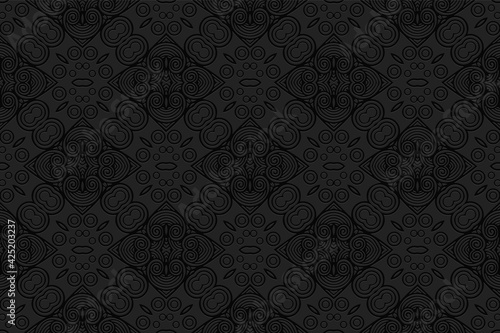 Geometric volumetric convex black background. Ethnic African, Mexican, Indian motives. 3D relief ornament in doodling style. Colorful national pattern for wallpaper, textiles, presentations.
