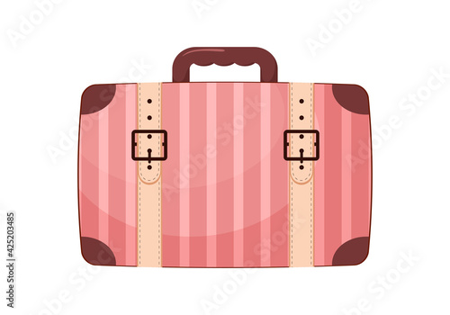 Vintage pink suitcase with stripes. Running carriage in cartoon style. Retro bag for travel. Isolated on white background
