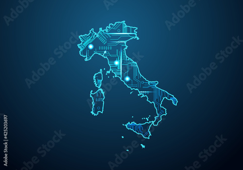 Abstract futuristic map of italy. Circuit Board Design Electric of the region. Technology background. mash line and point scales on dark with map.