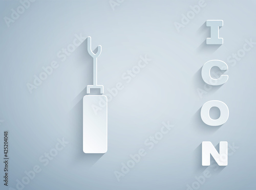 Paper cut Awl tool with wooden handle icon isolated on grey background. Work equipment tailor industry. Paper art style. Vector