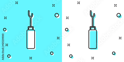 Black line Awl tool with wooden handle icon isolated on green and white background. Work equipment tailor industry. Random dynamic shapes. Vector