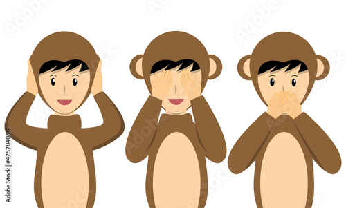 Set of man in monkey costume closing his ears,eyes and mouth. Three wise mokey theory concept.