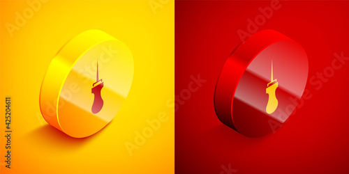 Isometric Awl tool with wooden handle icon isolated on orange and red background. Work equipment tailor industry. Circle button. Vector