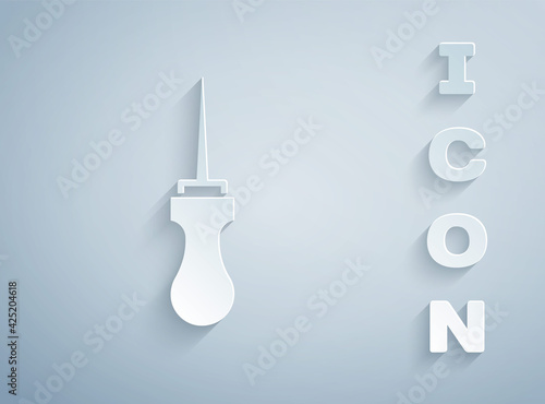 Paper cut Awl tool with wooden handle icon isolated on grey background. Work equipment tailor industry. Paper art style. Vector