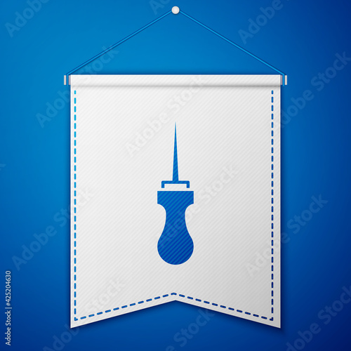 Blue Awl tool with wooden handle icon isolated on blue background. Work equipment tailor industry. White pennant template. Vector