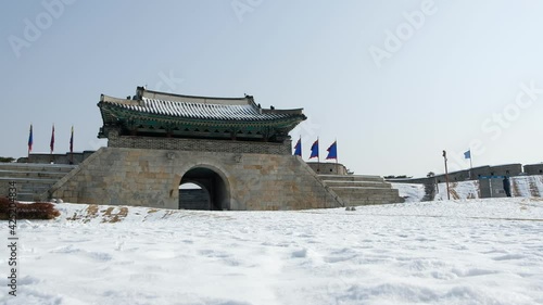 Changnyongmun. East gate of Hwaseong Fortress at winter in Suwon, Korea photo