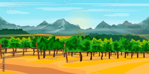 Hand drawing vector illustration. All objects are divided into layers. Poster in flat design. Beautiful rural landscape with vineyards and mountains