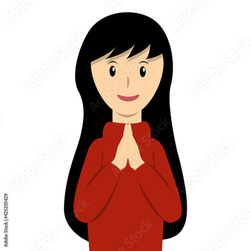 Young woman paying respect cartoon vector. girl putting her hands together in a prayer position to thank you people.