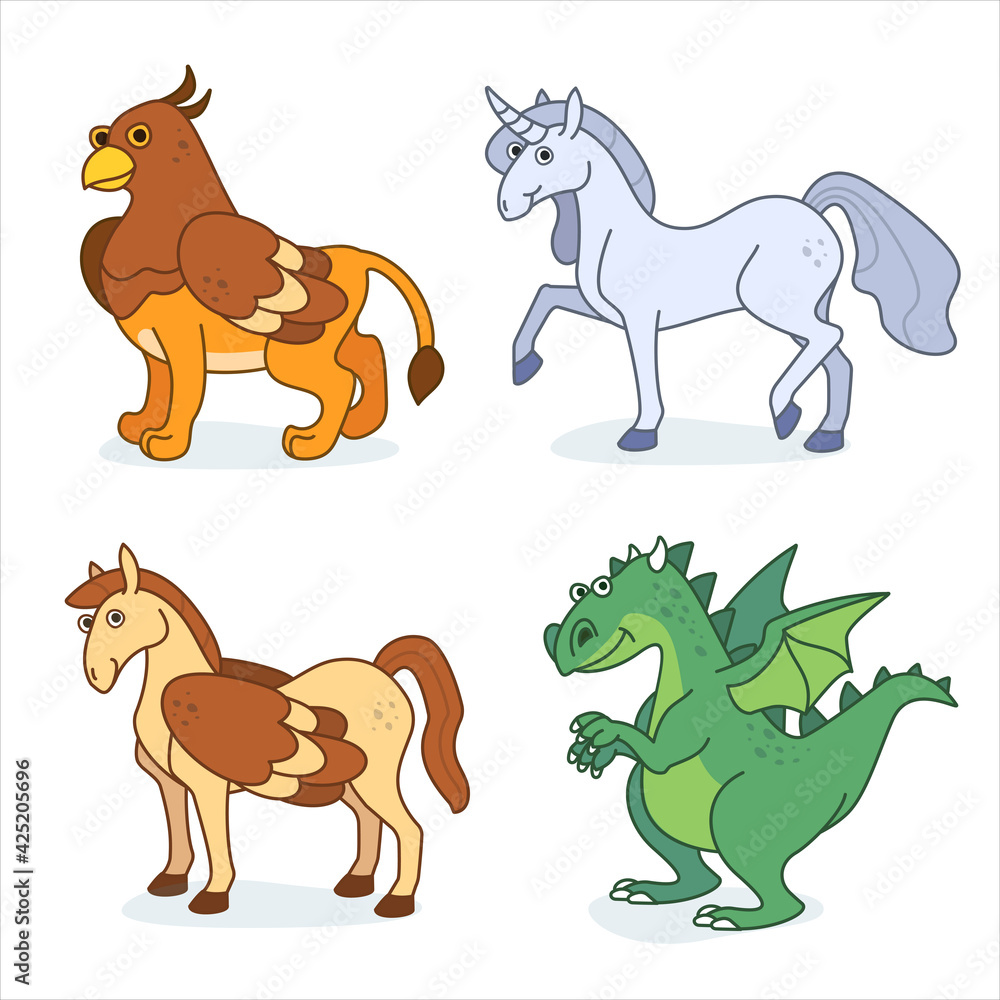 Obraz premium Fantasy characters design collection. Cartoon magic animals set. Griffin, unicorn, dragon, pegasus. 