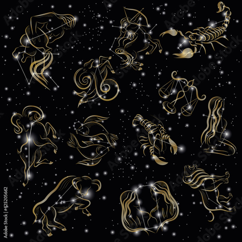 Zodiac signs icons on dark starry background. Shiny zodiac constellations icons