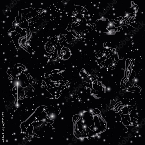 Zodiac signs icons on dark starry background. Shiny zodiac constellations icons