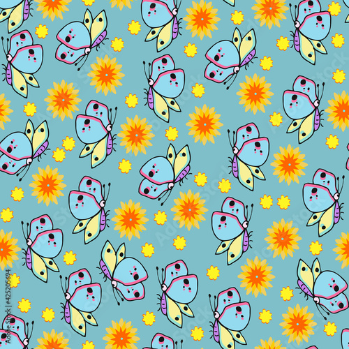 Butterflies and dandelions . Summer seamless pattern. Vector illustration.