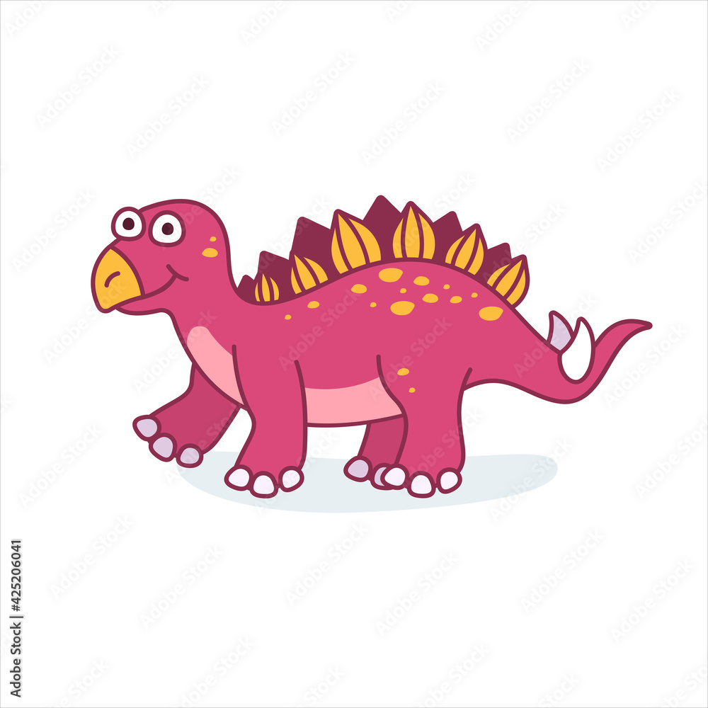 Funny stegosaurus character in cartoon style. Cute dinosaur flat kid graphic. Isolated vector illustration.
