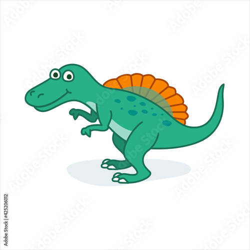 Funny spinosaurus character in cartoon style. Cute dinosaur flat kid graphic. 